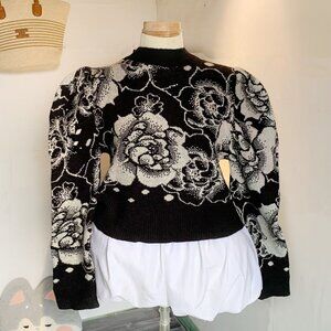 Floral Knit Sweater Black White Turtleneck